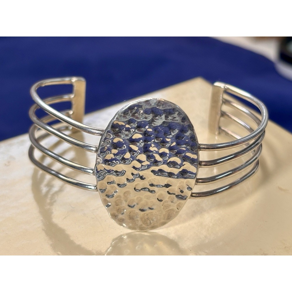 Sterling Silver Cuff Bracelet w/ Hammered Oval Piece Stamped Mexico